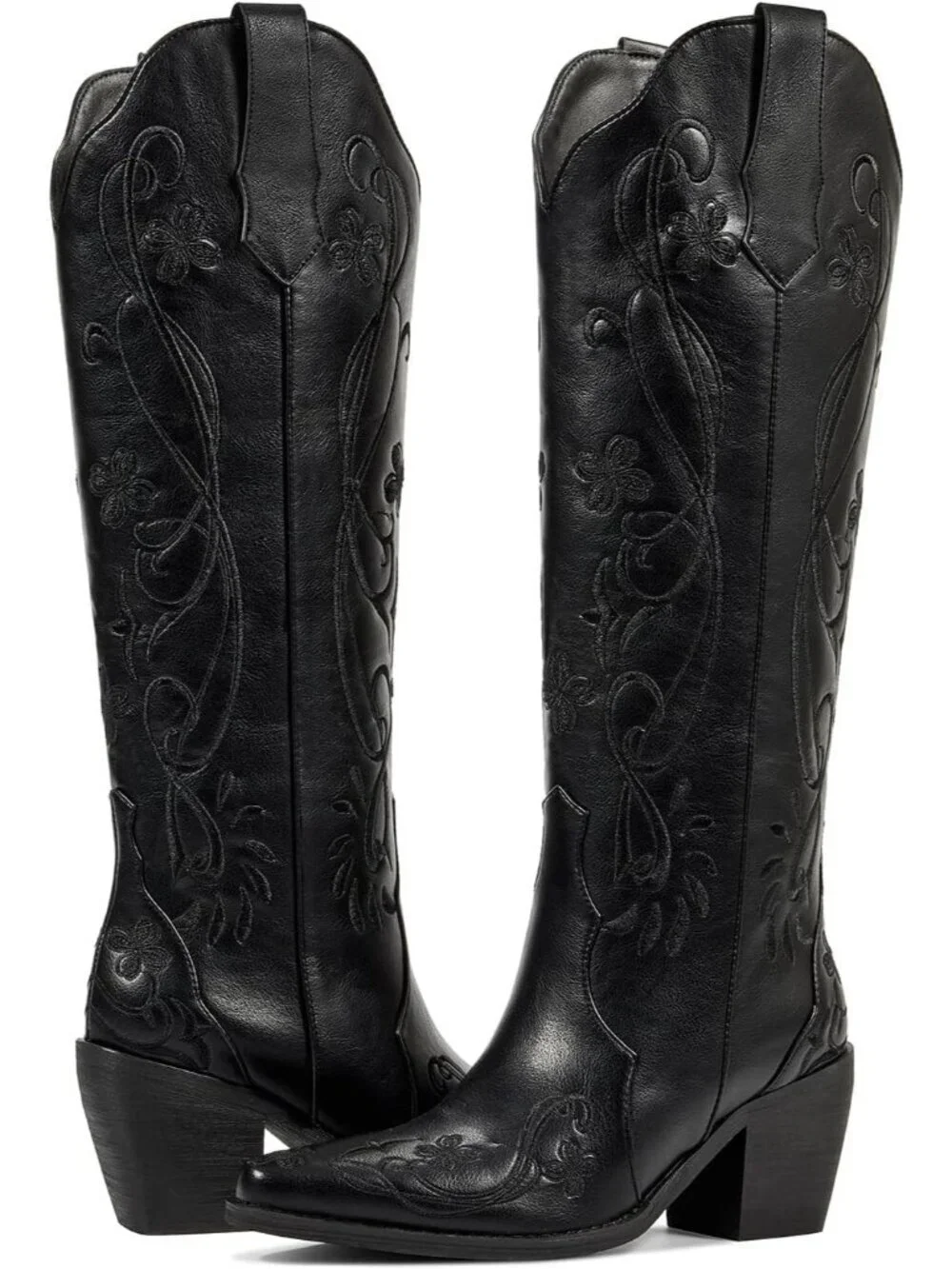 Women's Black Floral Knee High Cowgirl Boots Embroidered Pointed Toe Chunky Heel
